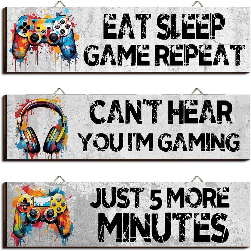 Hatzelou 3Pcs Game Wall Art Wooden Sign, Little Man Cave Sign Hanging, Game Hanging Wall Art Decor Sign, Gamer Wall Plaques Decor for Boys Kids Bedroom Playroom Nursery - Image 1